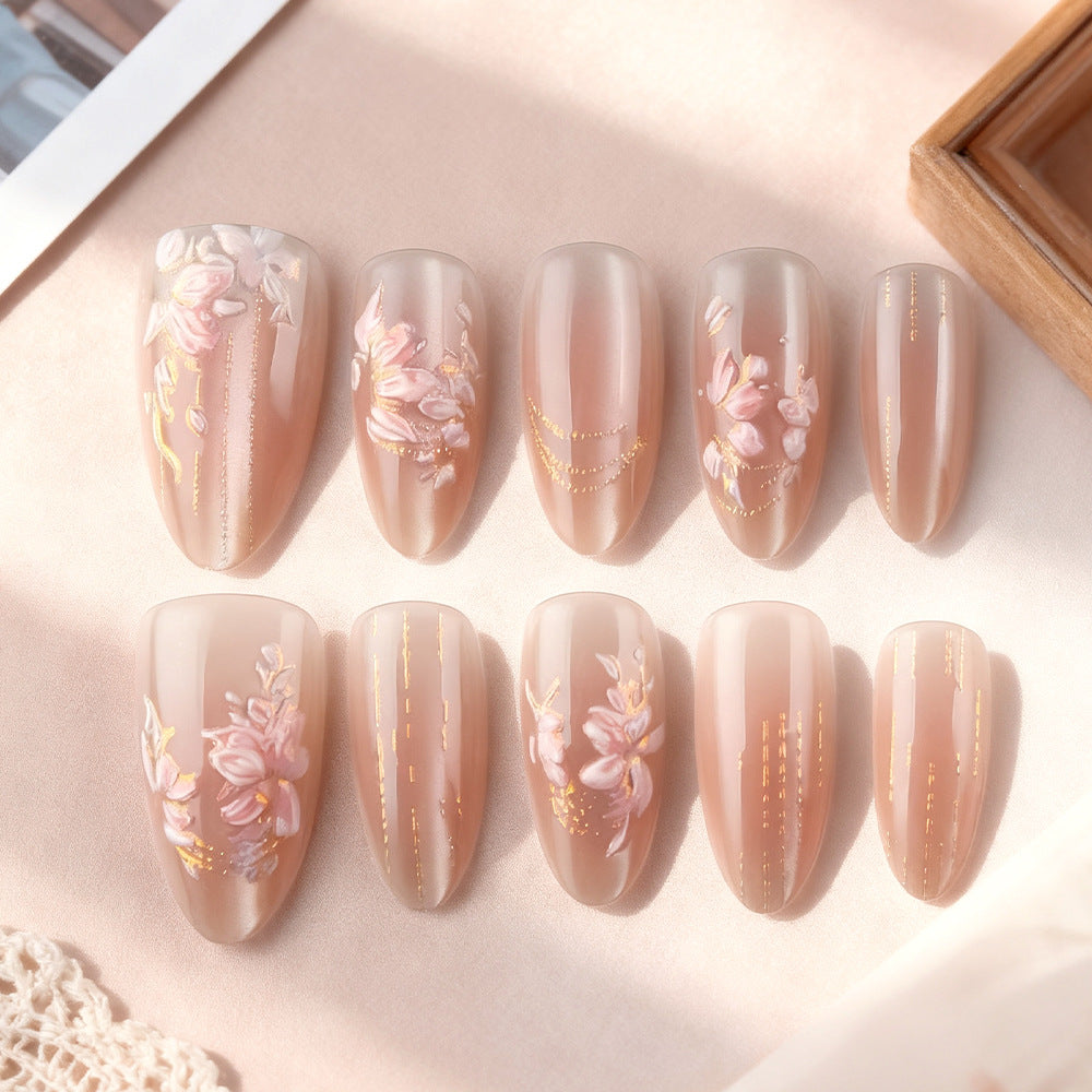 Whimsical Blossom Elegant Medium Almond Pink Floral Design Press on Nail Set