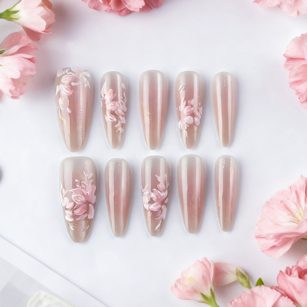 Floral Dream Long Almond Pink Ombre Press On Nails with Delicate Flower Designs