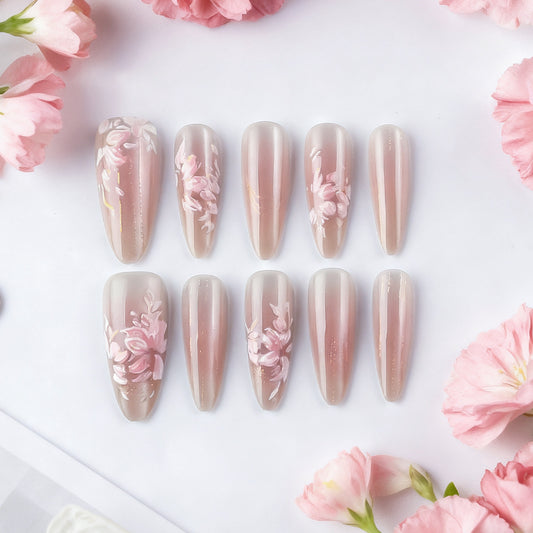 Floral Dream Long Almond Pink Ombre Press On Nails with Delicate Flower Designs