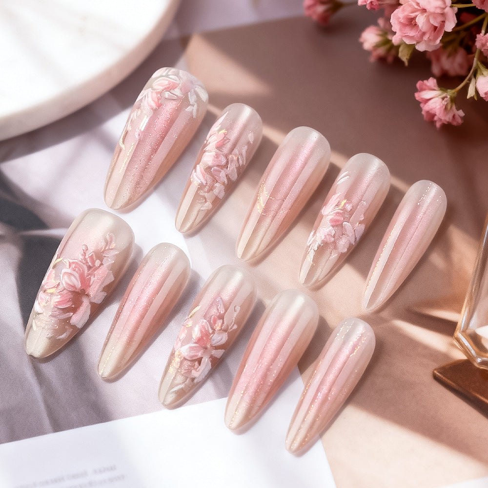 Blossom Dream Press-On Nail Set Long Stiletto Gradient Pink Floral Design