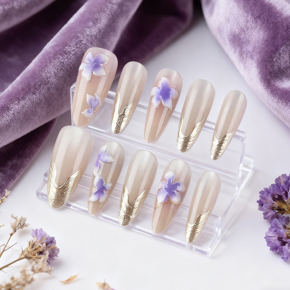 Whimsical Blossom Long Almond Lavender with Golden Leaf Accents Press On Nail Set