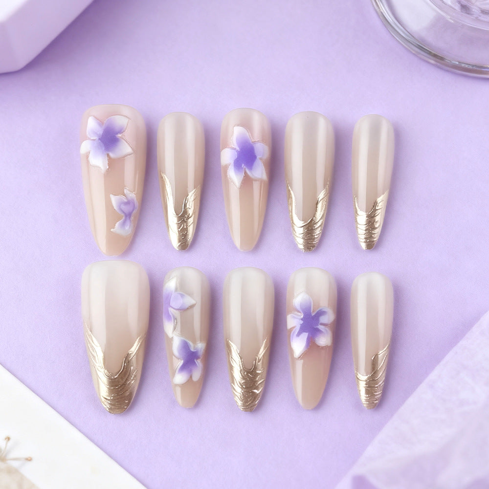 Enchanted Garden Long Almond Natural Beige with Elegant Floral Accents and Golden Detailing Press On Nail Set