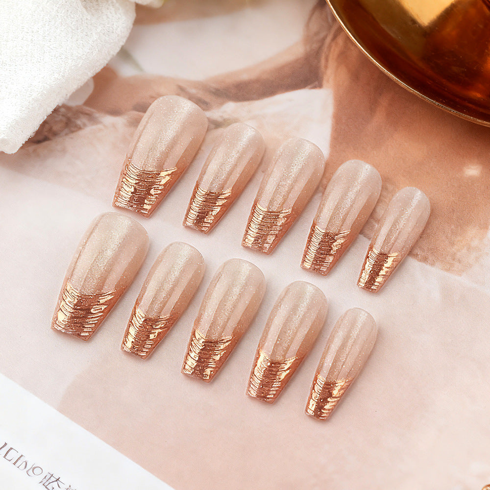 Chic Elegance Long Coffin Beige Glitter Press On Nail Set with Striking Rose Gold Design