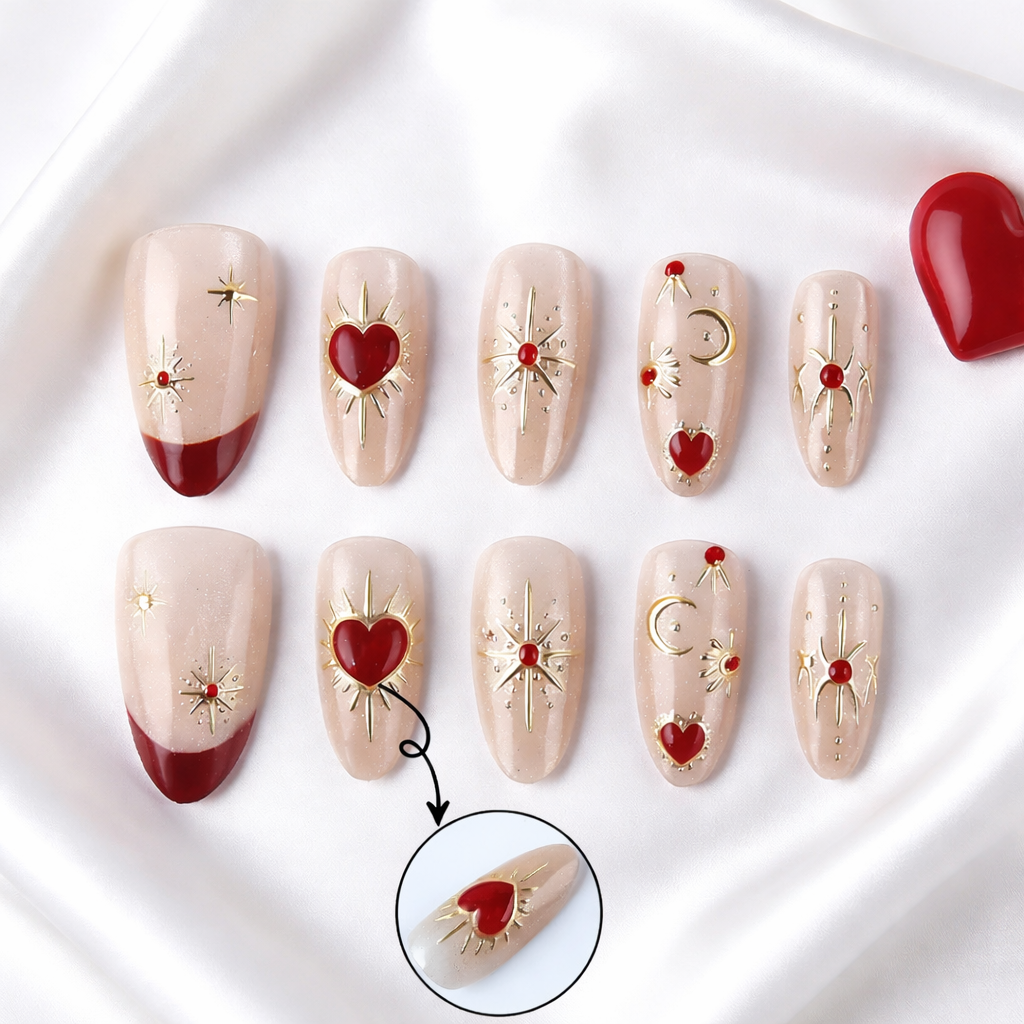 Celestial Romance Long Almond Beige Press On Nail Set with Red Heart and Gold Metallic Accents