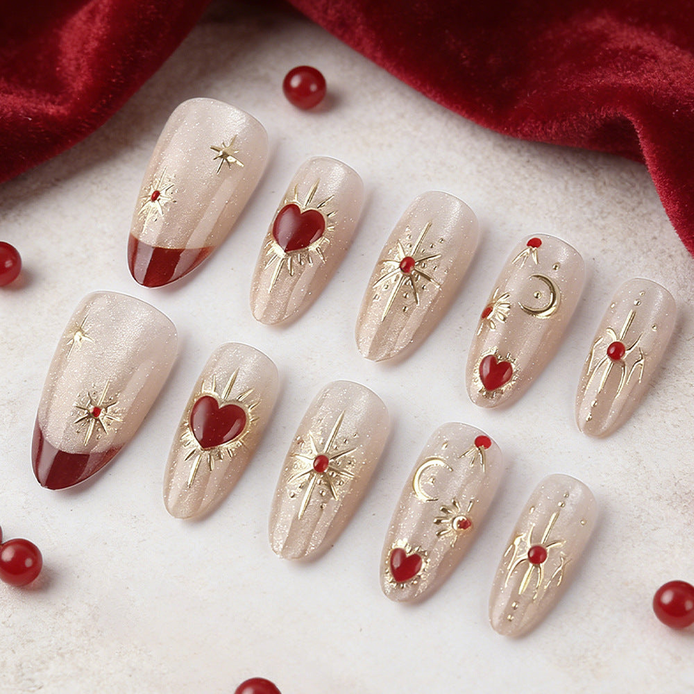 Celestial Glamour Long Almond Beige Press-On Nail Set with Gold and Red Heart Accents