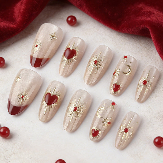 Celestial Glamour Long Almond Beige Press-On Nail Set with Gold and Red Heart Accents