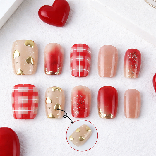 Romantic Heartfelt Elegance Red Short Square Press On Nail Set with Gold Accent and Unique Plaid Design