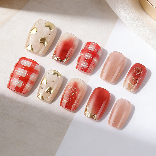 Romantic Chic Short Square Red and Pink Press on Nail Set with Stunning Gold Accents