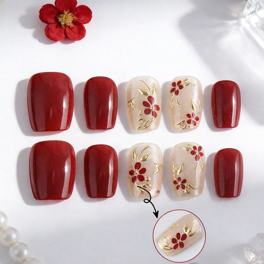 Floral Elegance Short Square Burgundy and Champagne Press On Nail Set with Intricate Flower Detailing