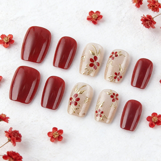 Floral Elegance Short Square Deep Red Nails with Gold Floral Accents