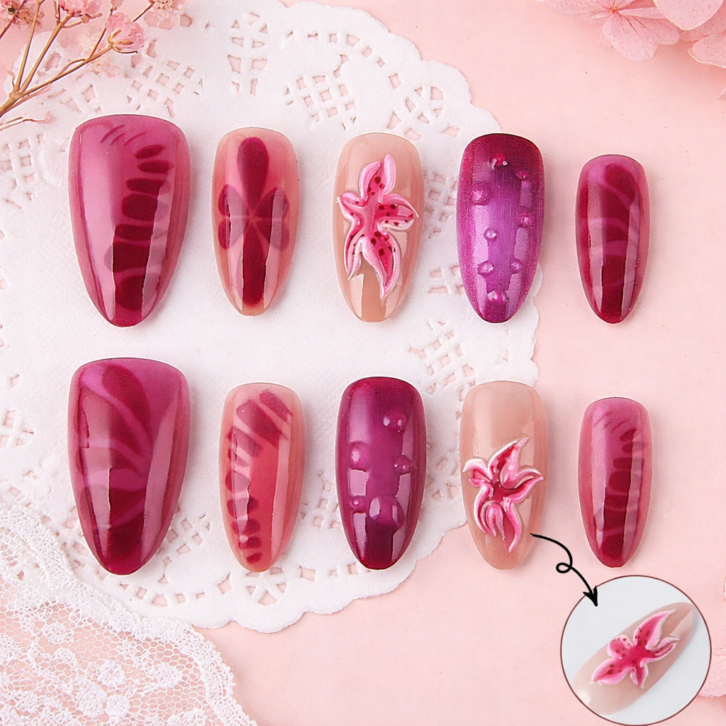 Floral Elegance Long Almond Burgundy Press On Nail Set Featuring Intricate Flower Designs