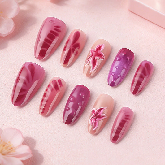 Floral Fantasy Long Almond Ombre Pink with Artistic Bloom Design Press On Nail Set