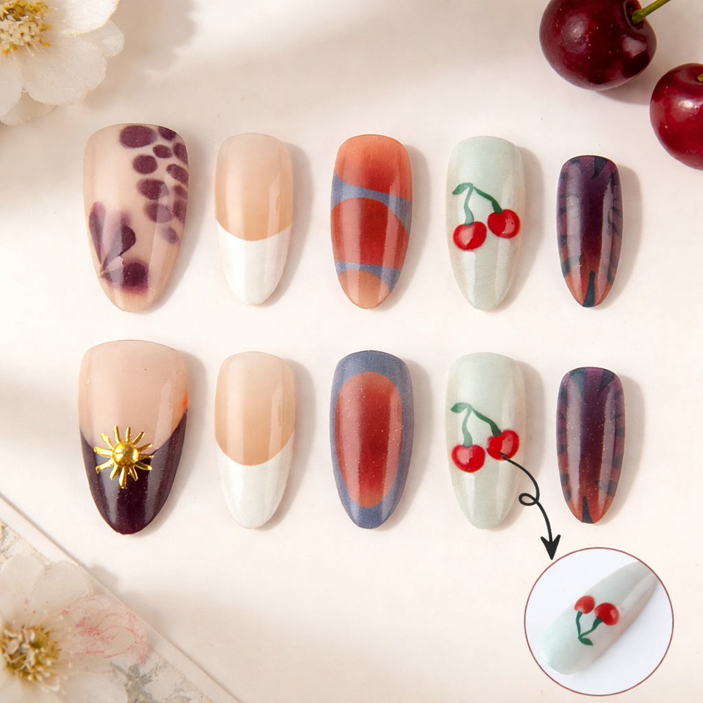 Cherry Blossom Dream Long Almond Multicolored Floral Design with Accented Charm Press-On Nail Set