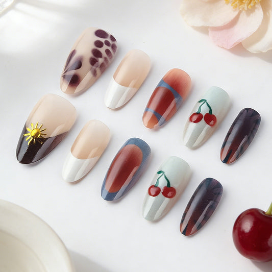 Cherry Blossom Dreamy Long Almond Shaped Press On Nail Set in Pastel Shades with Artistic Fruit Design