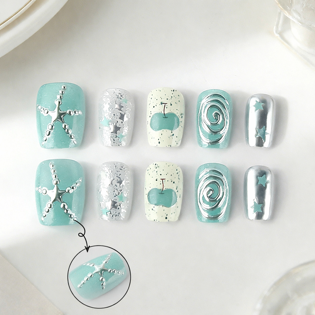 Beach Bliss Short Square Mint Green Press On Nail Set with Starfish and Silver Accents