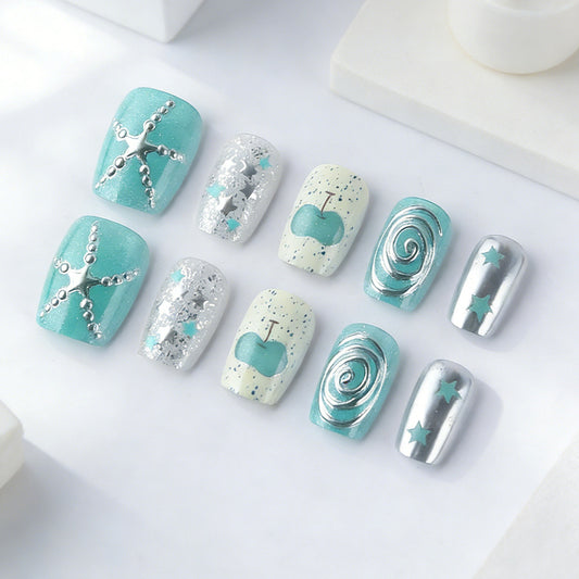 Ocean Breeze Inspired Short Square Mint and Silver Glitter Press On Nail Set with Unique Star and Swirl Designs