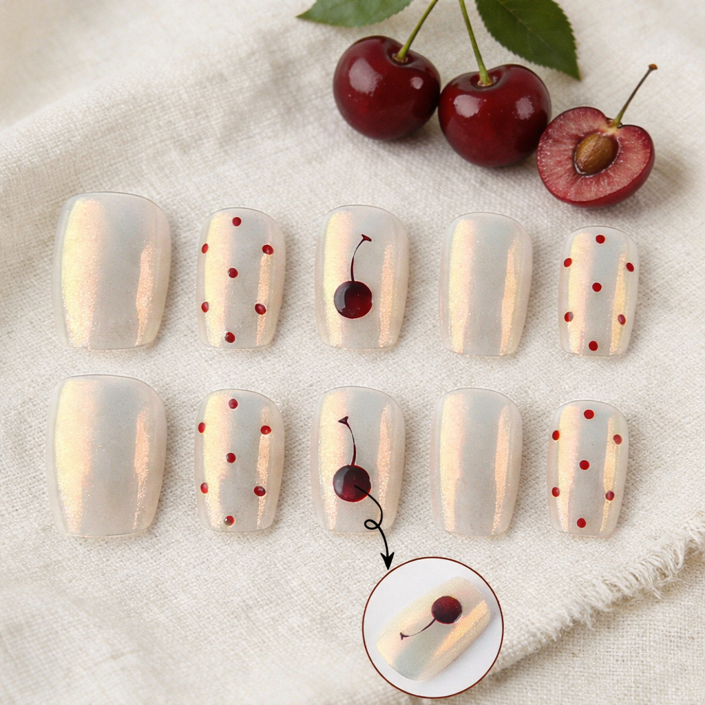 Cherry Blossom Delight Short Square Transparent with Glossy Finish and Playful Cherry Design Press On Nail Set