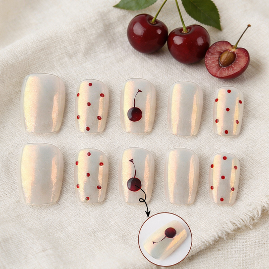 Cherry Blossom Delight Short Square Transparent with Glossy Finish and Playful Cherry Design Press On Nail Set