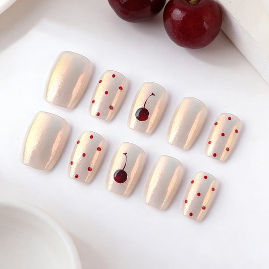 Cherry Blossom Elegance Short Square Long Metallic Glossy Beige with Sweet Cherry Designs Press on Nail Set