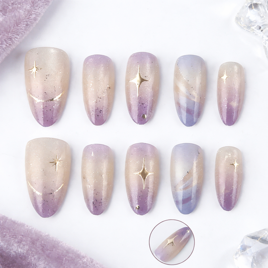 Celestial Dreams Long Almond Shape Lavender and Gold Glitter Gradient Press-On Nail Set with Enchanting Star Accents