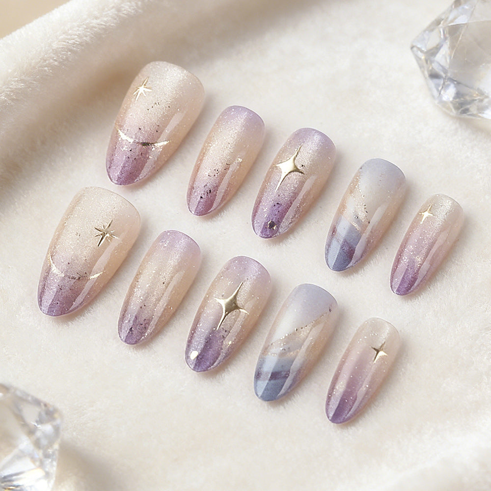 Celestial Dreams Long Almond Gradient Purple and Beige Press-On Nail Set with Shimmering Star Accents