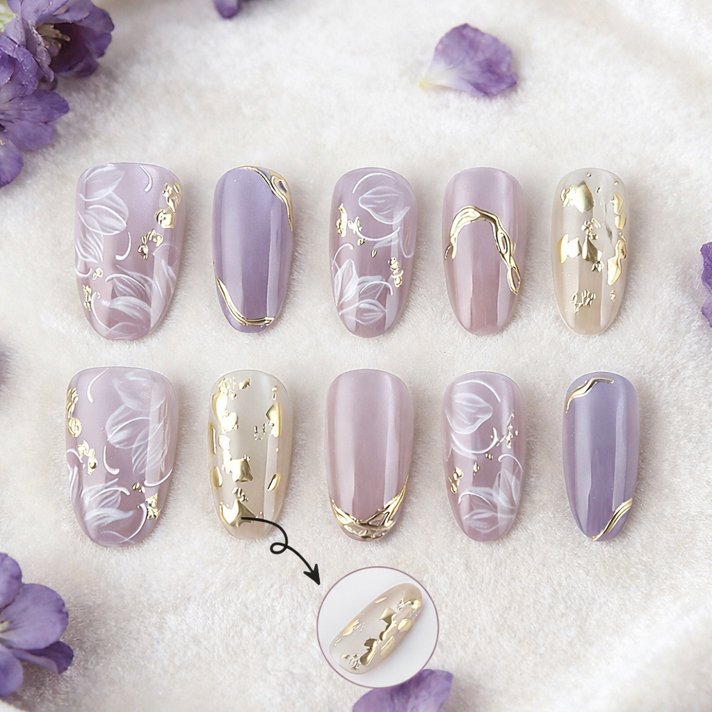 Whimsical Blossom Long Almond Purple Press On Nail Set with Elegant Floral Designs and Gold Accents