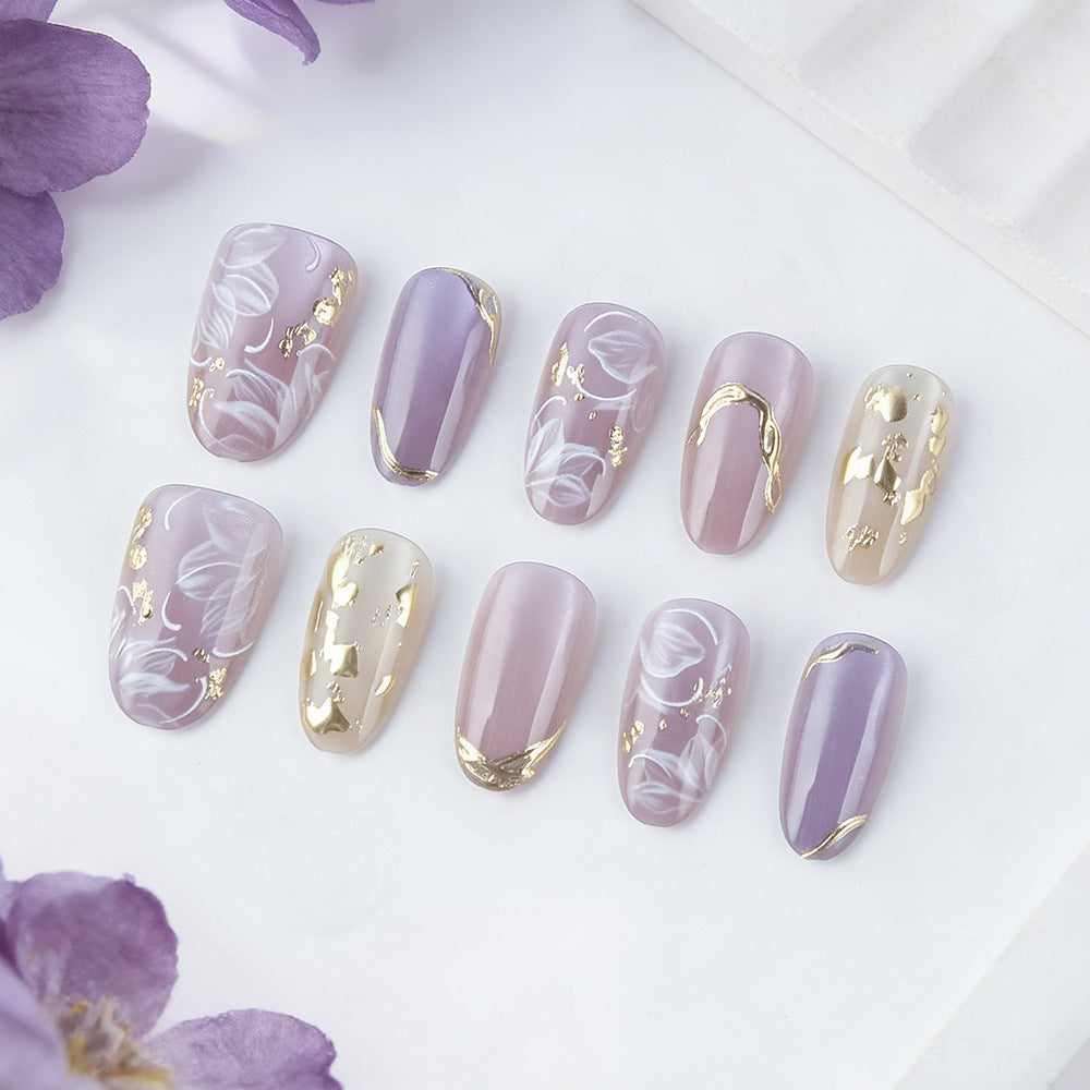 Enchanted Floral Long Almond Lavender and Gold Press On Nail Set with Artistic Designs