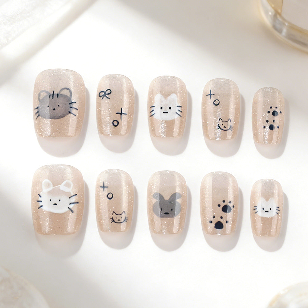 Adorable Cat Theme Short Square Beige Glitter Press On Nail Set with Cute Animal Designs