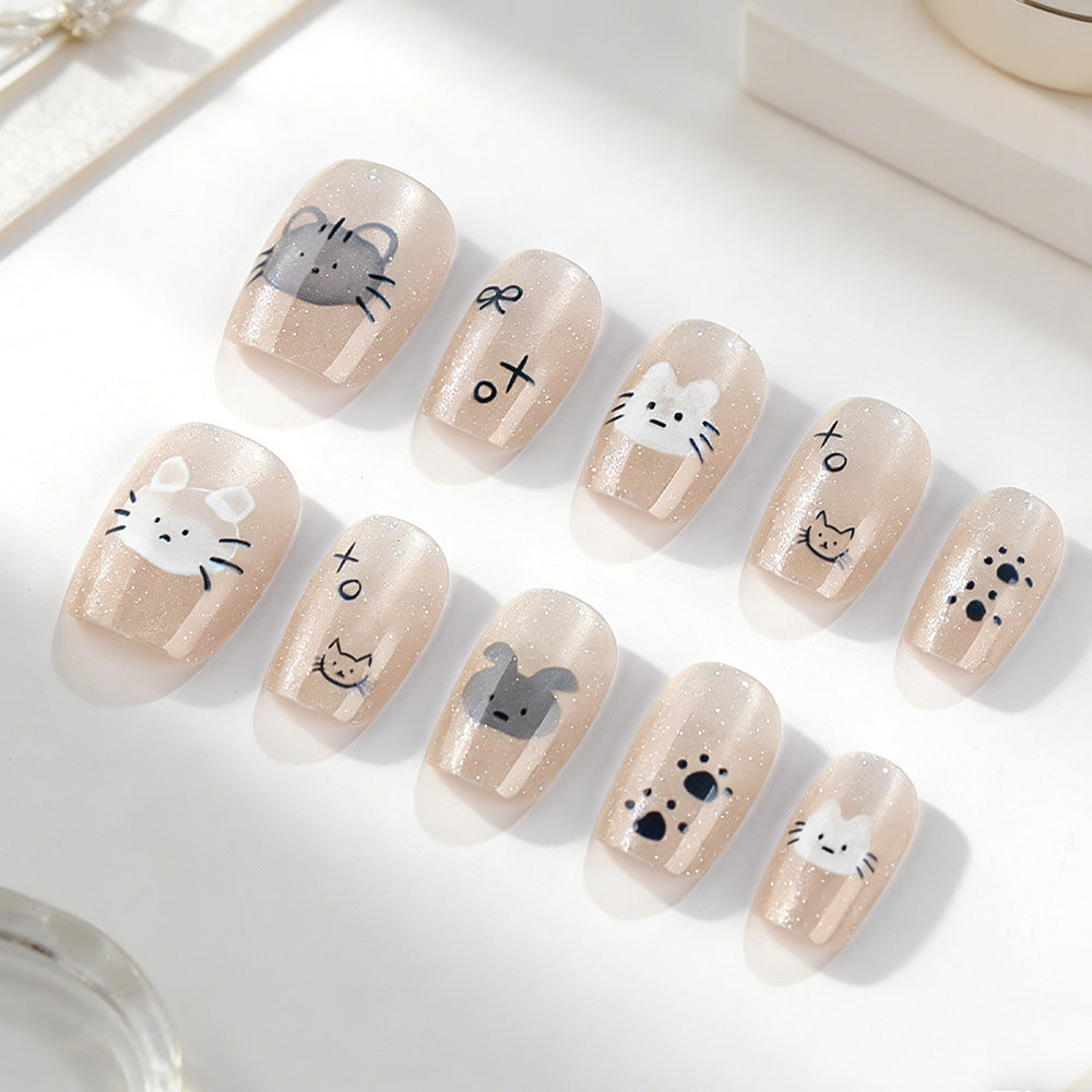 Whimsical Animal Faces Short Square Beige Glitter Press On Nail Set