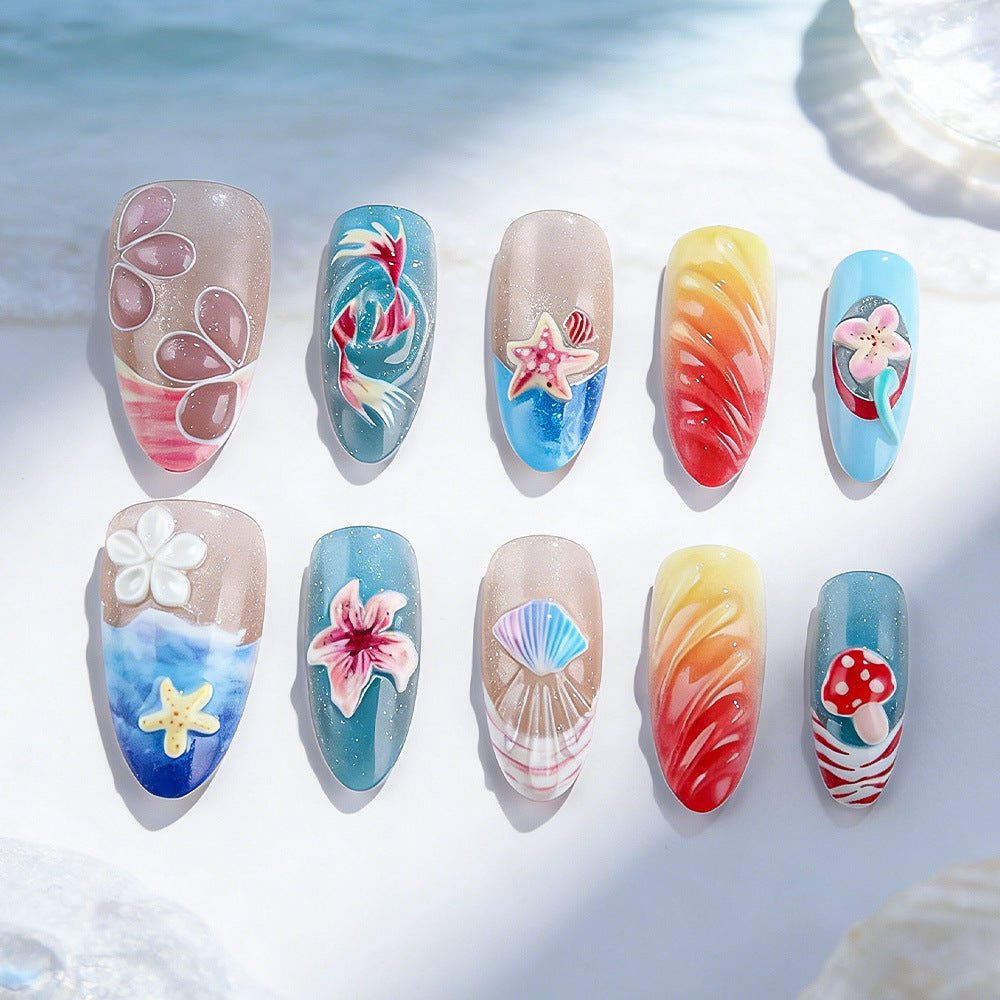Ocean Breeze Medium Almond Blue Gradient with Tropical Designs Press Nail Set