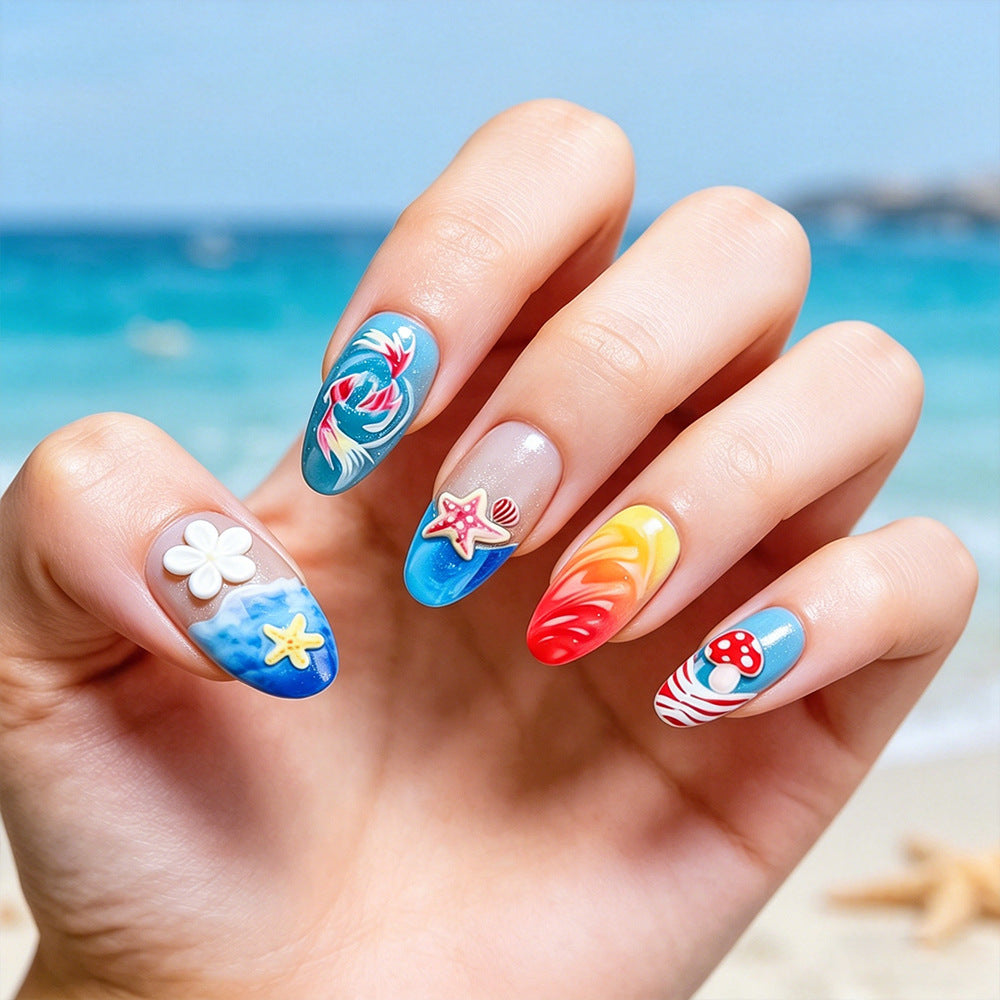 Beach Vibes Medium Oval Bright Blue with Charming Ocean-Themed Decorations Press on Nail Set