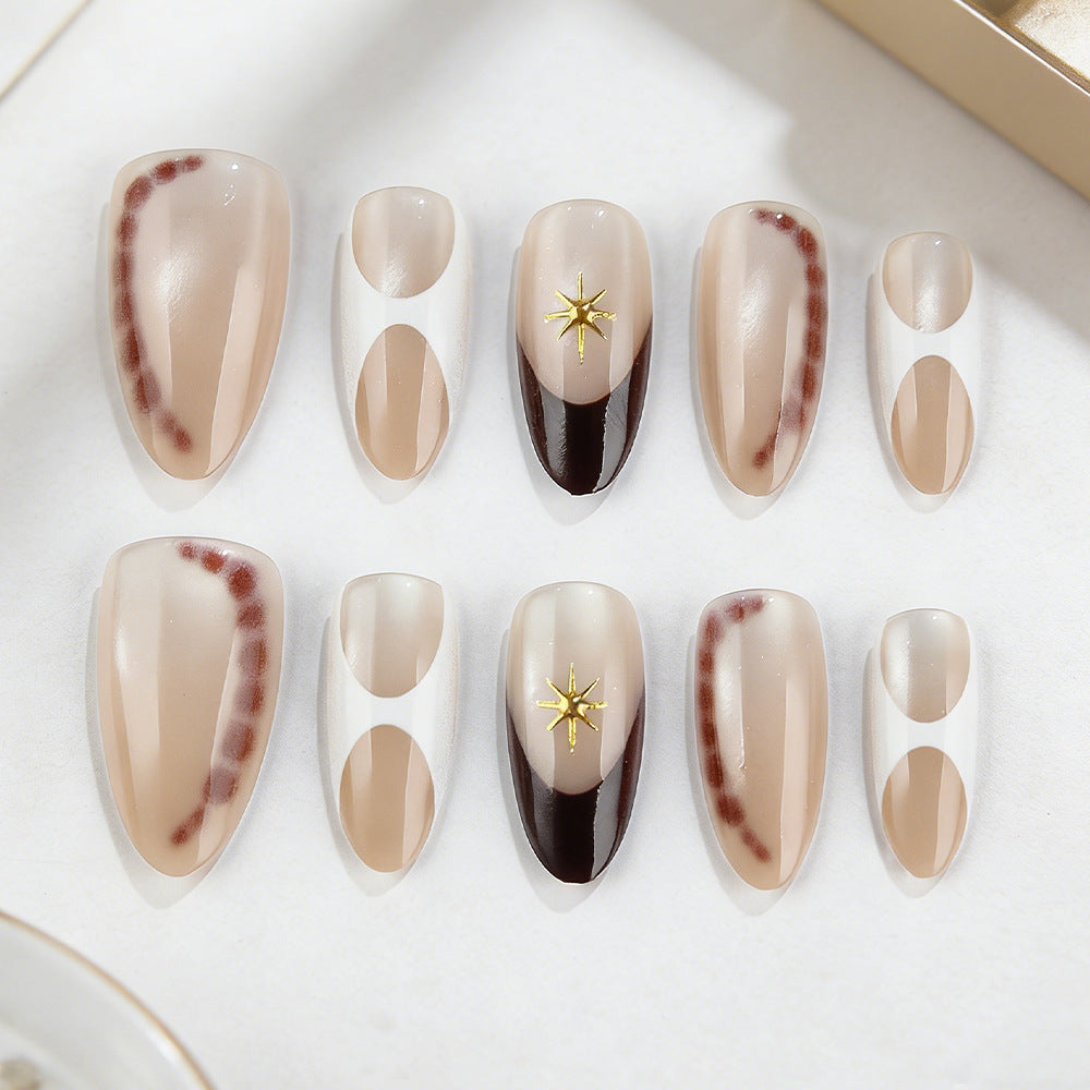 Celestial Elegance Medium Almond Beige with Gold Star Accent Press On Nail Set