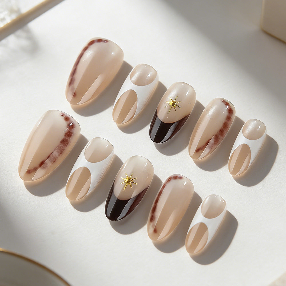 Celestial Elegance Medium Almond Beige Press On Nail Set with Unique Star Accent
