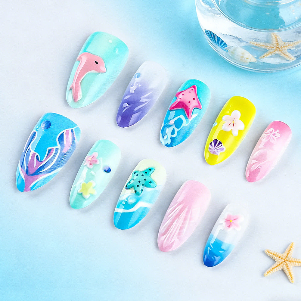 Ocean Dream Long Almond Aqua Blue with Embellished Sea Creatures Press On Nail Set