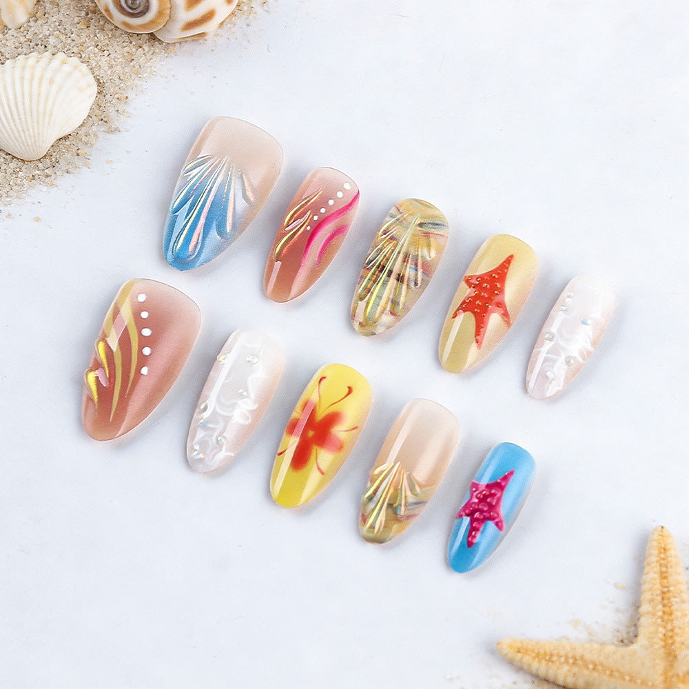 Coastal Vibes Long Almond Multicolor Beach-Inspired Nail Set