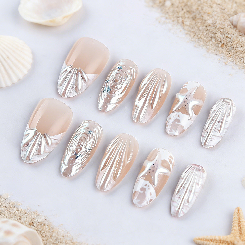 Seaside Elegance Medium Almond Beige Nail Set with Nautical Shell Design