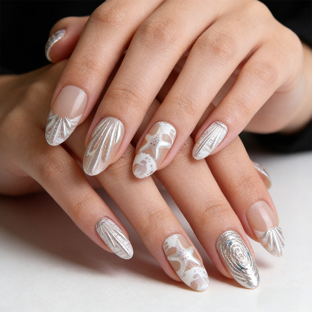 Coastal Elegance Long Almond Shimmering Silver Press On Nail Set