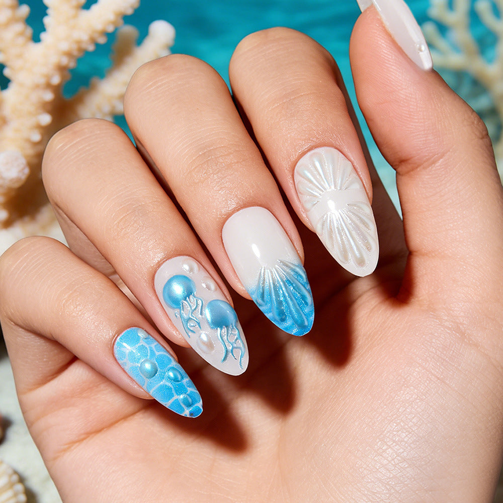 Ocean Escape Medium Almond Blue Ombre with Seashell Design Press On Nail Set