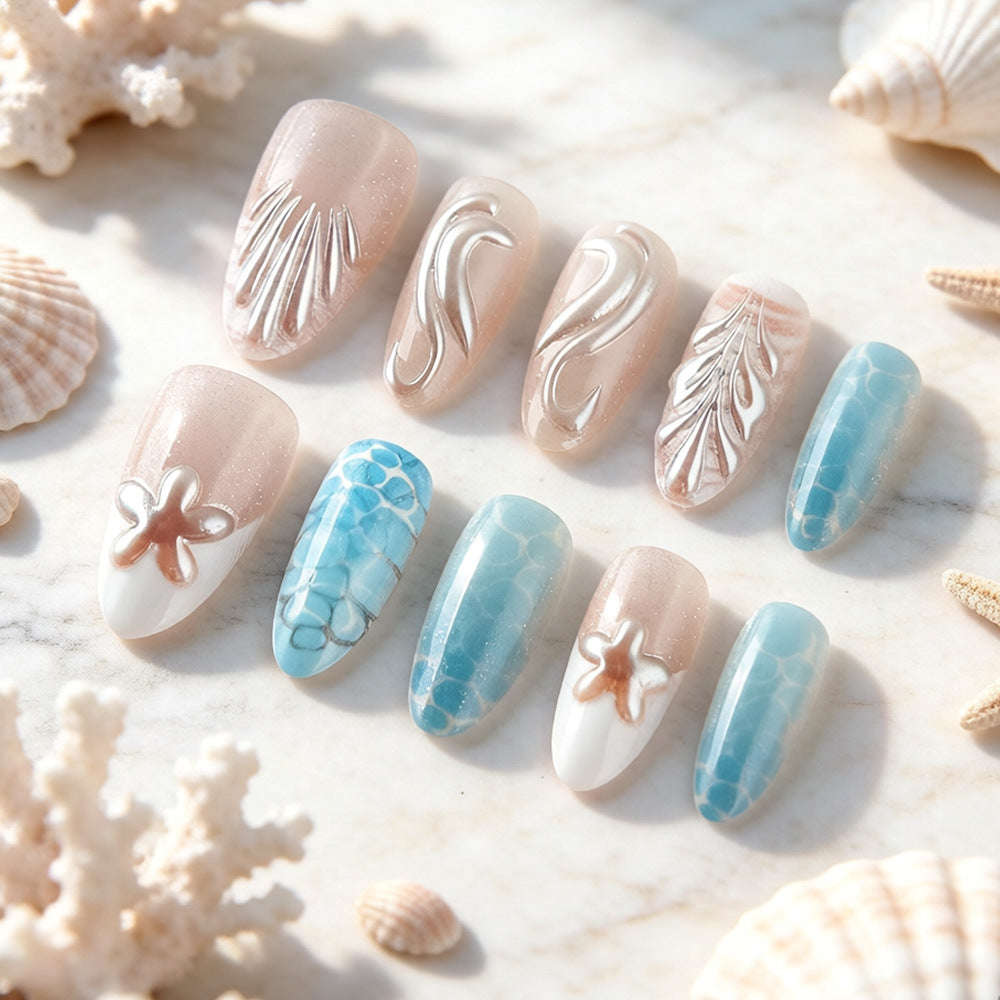 Ocean Breeze Medium Almond Blue Watercolor Design Nail Set
