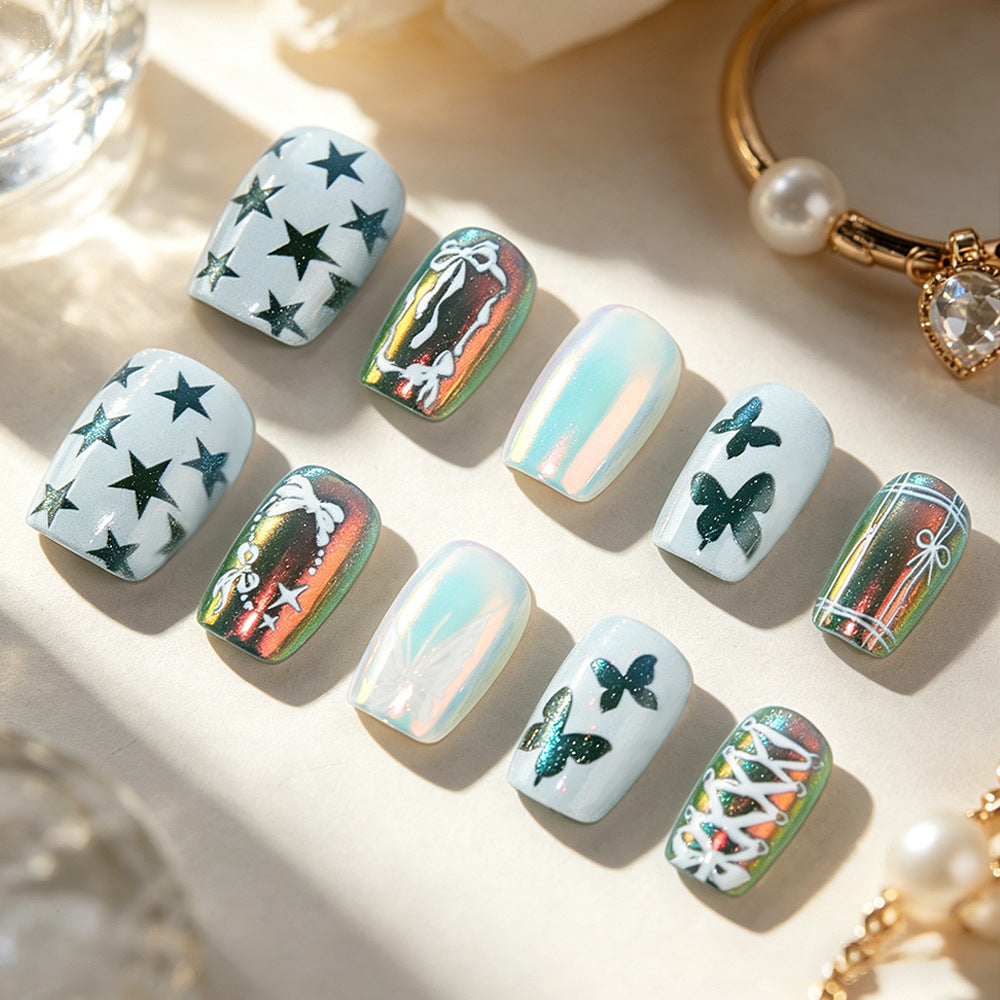 Celestial Charm Short Square White with Iridescent Butterfly Design Press On Nail Set