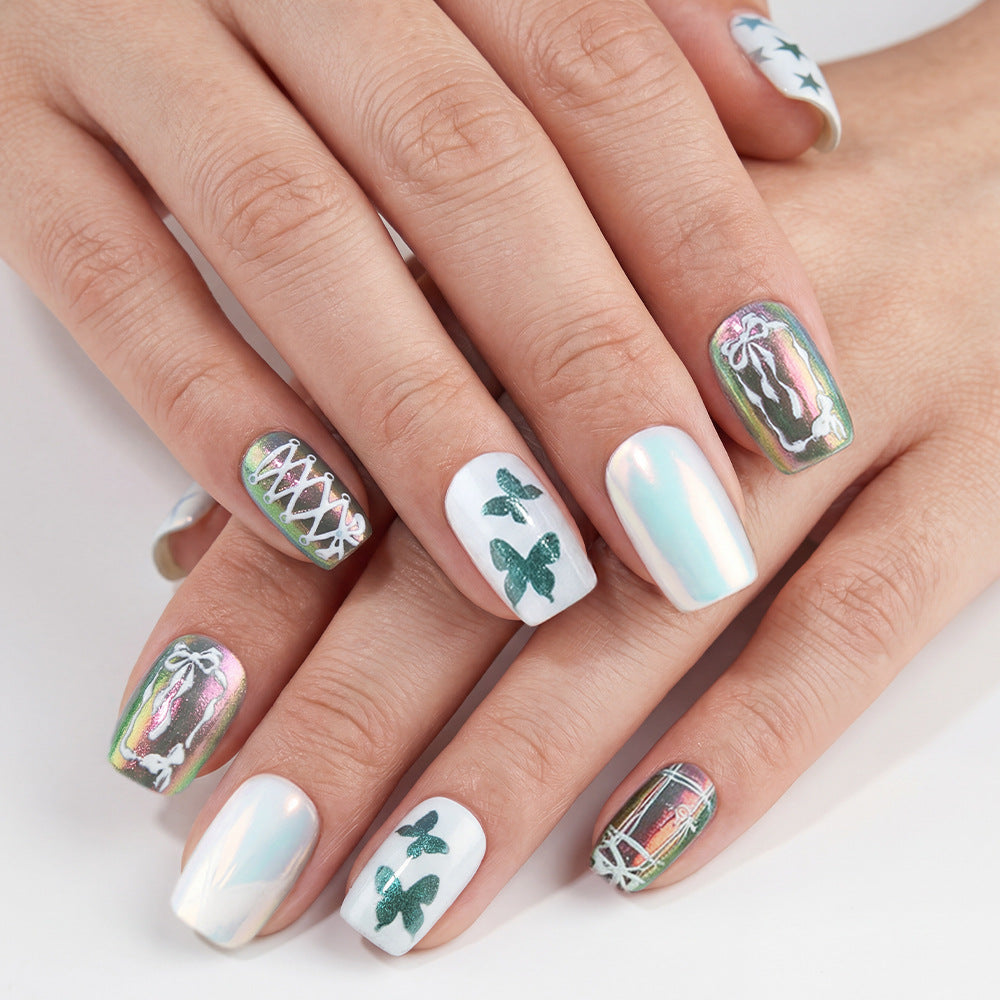 Whimsical Butterfly Themed Short Square Green Holographic Press On Nail Set