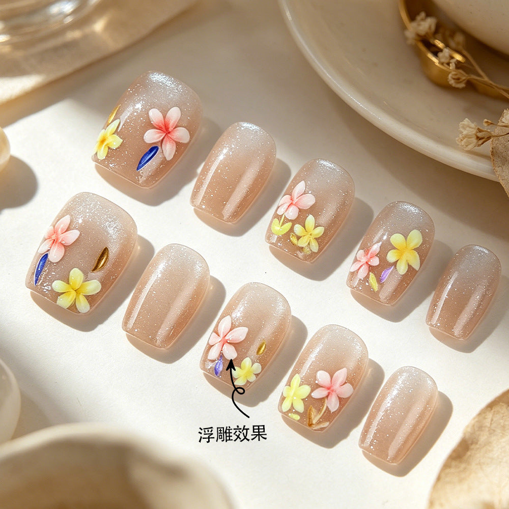 Spring Blossom Short Square Beige Press on Nail Set with Floral Accents