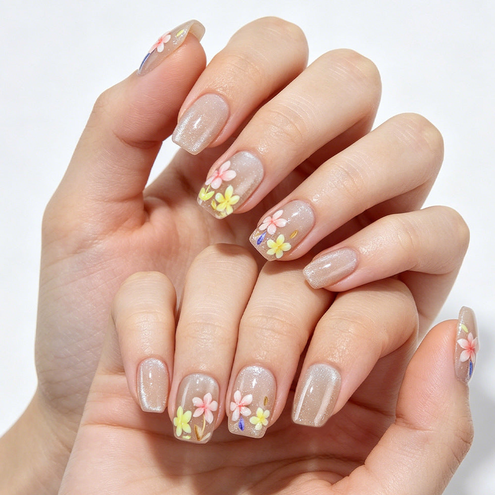 Floral Fantasy Press On Nails Short Square Beige with Colorful Flower Accents
