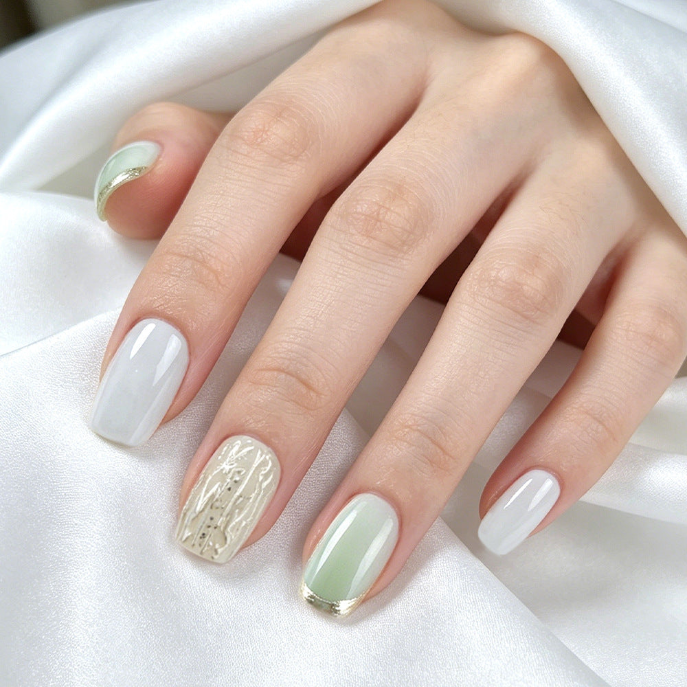 Serene Elegance Short Square White and Mint Press On Nail Set with Textured Accents