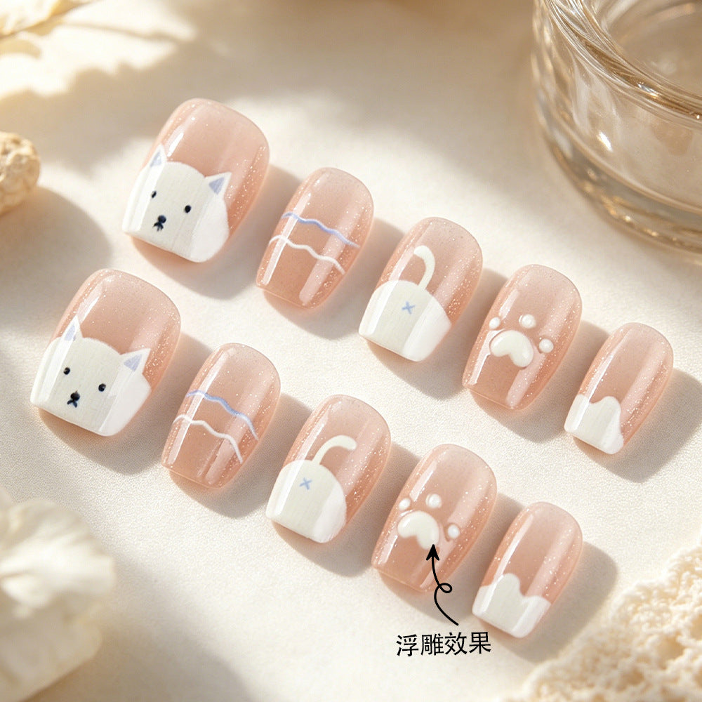 Whimsical Cat Theme Short Square Pink Nails with Unique Floating Effect