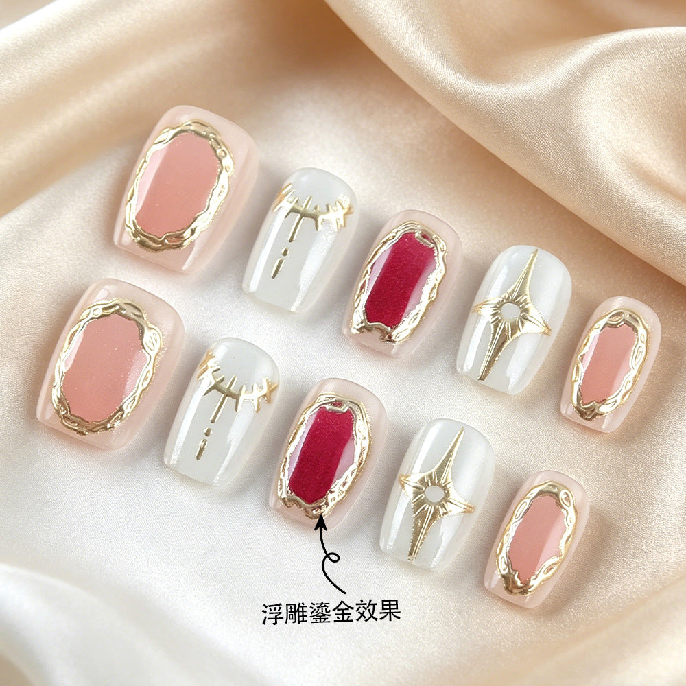 Mystical Elegance Short Square Blush and Ruby Press on Nail Set with Gold Accents