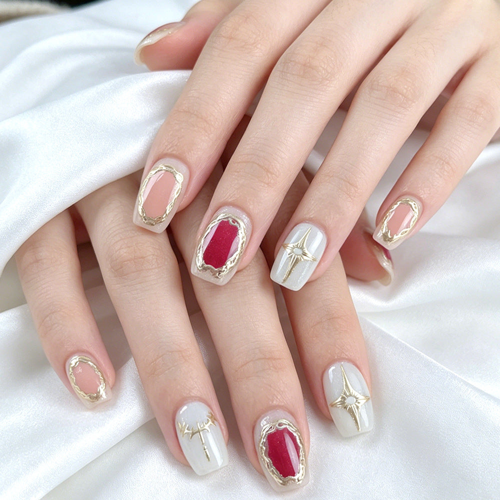 Elegant Jewel Tones Short Square Cream and Red Design with Golden Accents Press On Nail Set