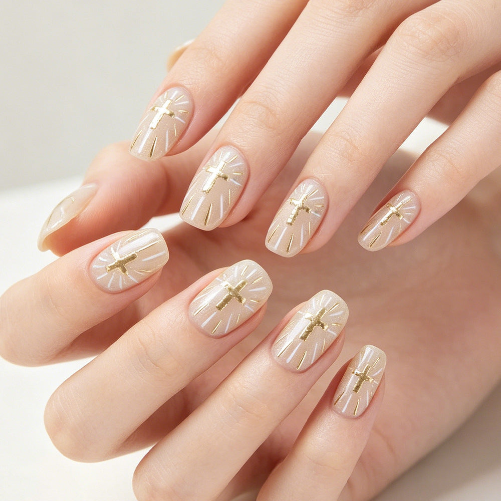 Divine Elegance Short Square Beige with Golden Cross Design Press-On Nail Set