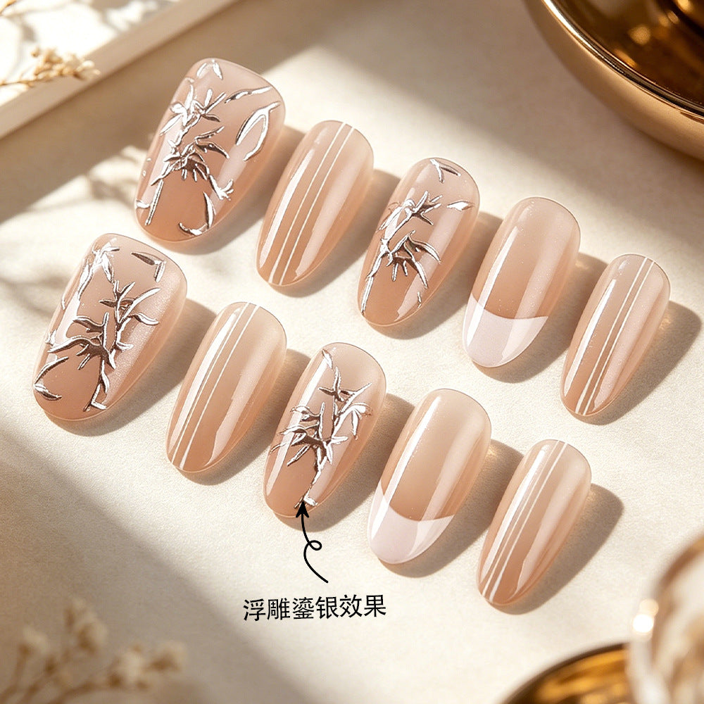 Elegant Serenity Medium Almond Natural Beige With Bamboo Art Press On Nail Set
