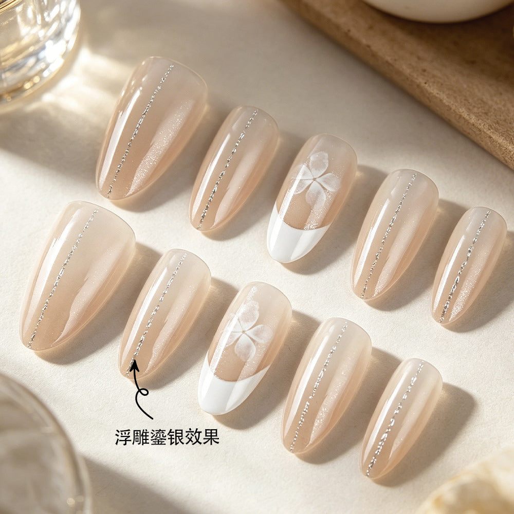 Elegant Dream Stiletto Long Beige Nails with Shimmering Silver Accent